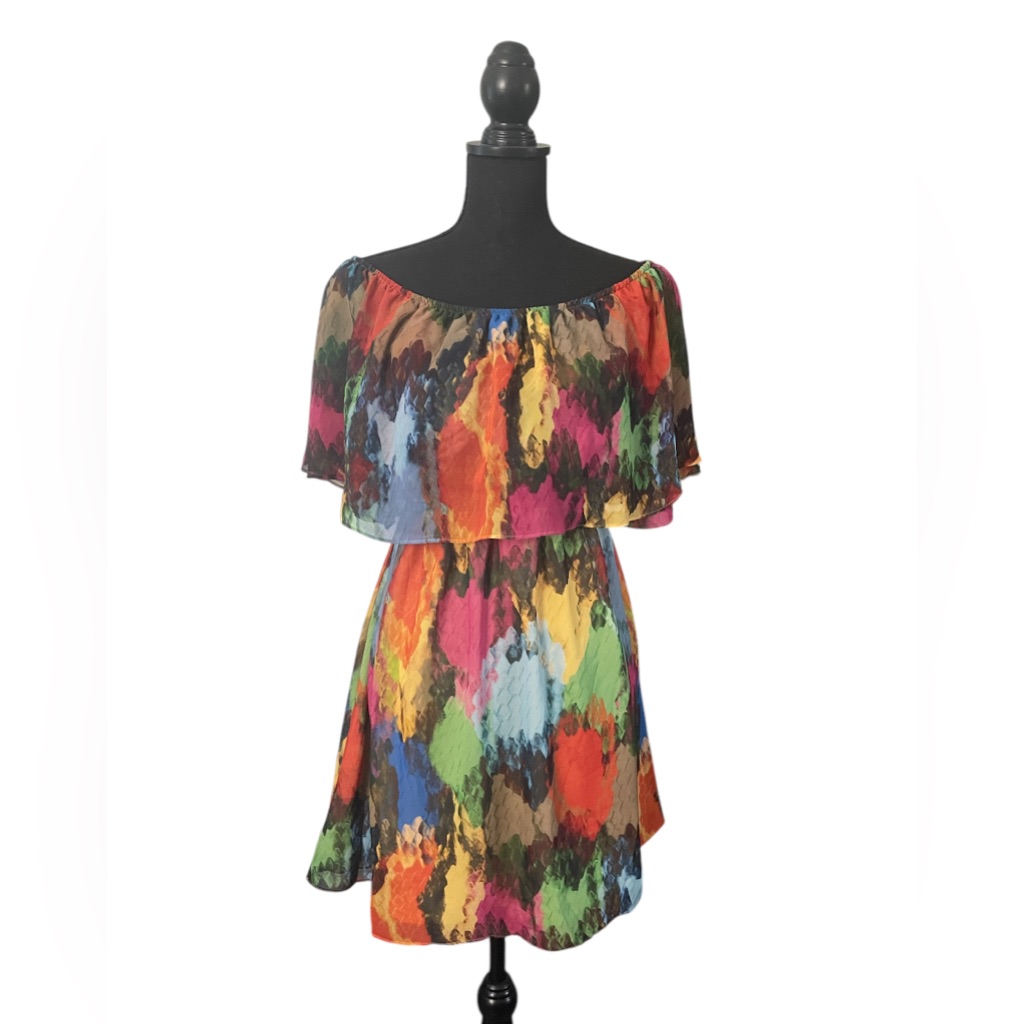 Judith March Gorgeous Multicolor Subtle Colorful Art Print Flounce Dress, Size S